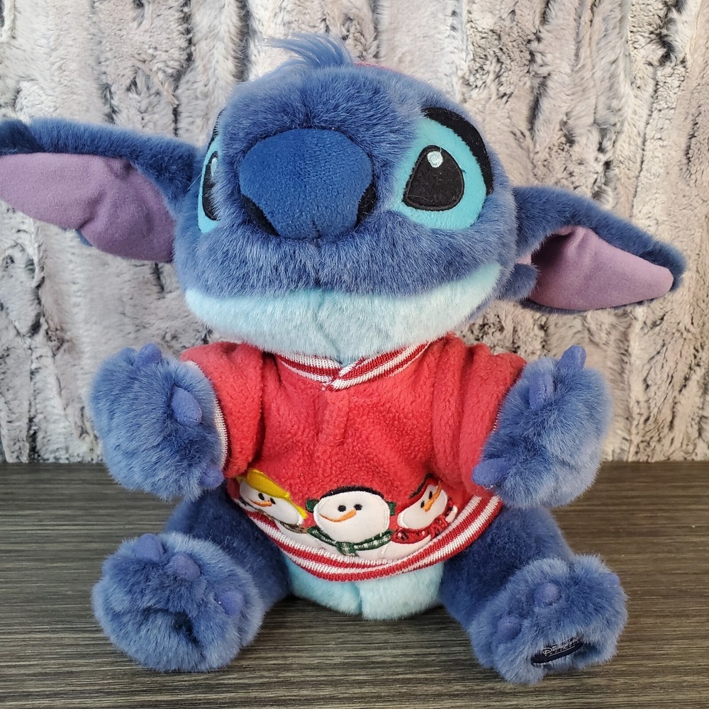 Disney Store Stitch 10" Plush in Winter Snowman Christmas Sweater & Red Hat TAGS